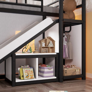 English Elm Full Over Playhouse Metal Bunk Bed with Slide LED Strip and Movable Storage Cabinet Black W5305S00167