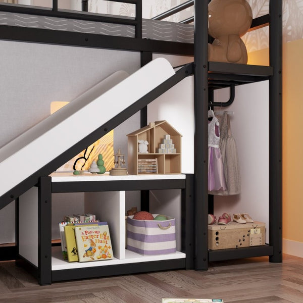 English Elm Full Over Playhouse Metal Bunk Bed with Slide LED Strip and Movable Storage Cabinet Black W5305S00167