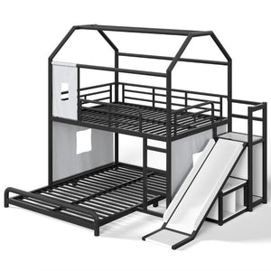 English Elm Full Over Playhouse Metal Bunk Bed with Slide LED Strip and Movable Storage Cabinet Black W5305S00167