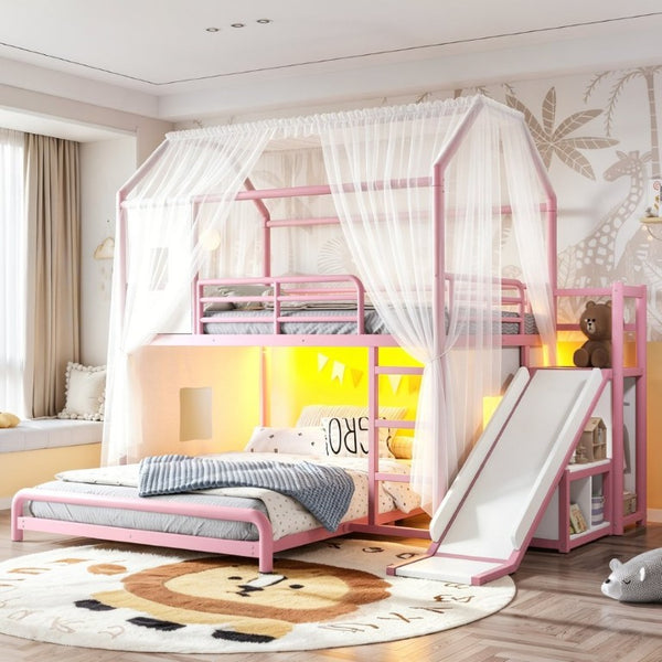 English Elm Full Over Playhouse Metal Bunk Bed with Slide LED Strip and Movable Storage Cabinet Pink W5305S00168