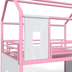English Elm Full Over Playhouse Metal Bunk Bed with Slide LED Strip and Movable Storage Cabinet Pink W5305S00168