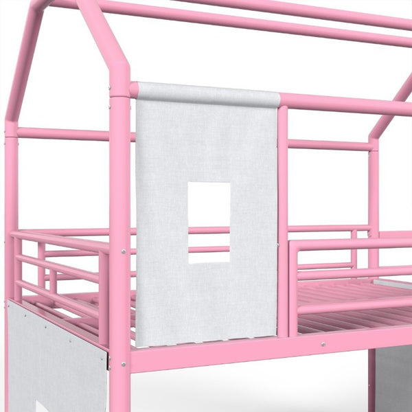 English Elm Full Over Playhouse Metal Bunk Bed with Slide LED Strip and Movable Storage Cabinet Pink W5305S00168