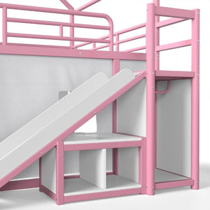 English Elm Full Over Playhouse Metal Bunk Bed with Slide LED Strip and Movable Storage Cabinet Pink W5305S00168
