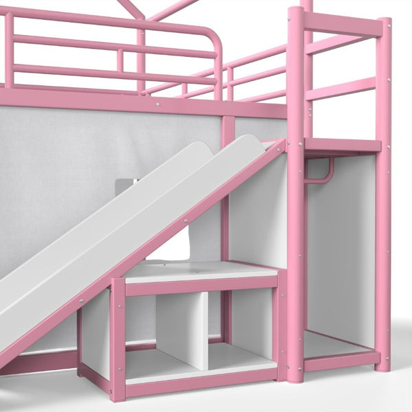 English Elm Full Over Playhouse Metal Bunk Bed with Slide LED Strip and Movable Storage Cabinet Pink W5305S00168