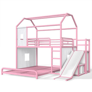 English Elm Full Over Playhouse Metal Bunk Bed with Slide LED Strip and Movable Storage Cabinet Pink W5305S00168