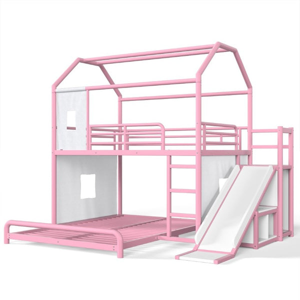 English Elm Full Over Playhouse Metal Bunk Bed with Slide LED Strip and Movable Storage Cabinet Pink W5305S00168
