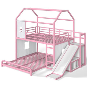 English Elm Full Over Playhouse Metal Bunk Bed with Slide LED Strip and Movable Storage Cabinet Pink W5305S00168