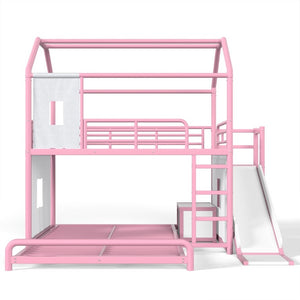 English Elm Full Over Playhouse Metal Bunk Bed with Slide LED Strip and Movable Storage Cabinet Pink W5305S00168