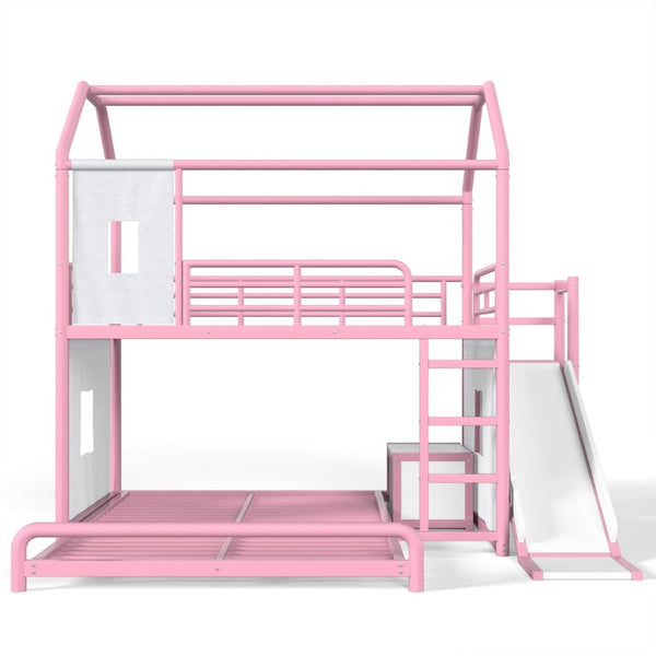 English Elm Full Over Playhouse Metal Bunk Bed with Slide LED Strip and Movable Storage Cabinet Pink W5305S00168