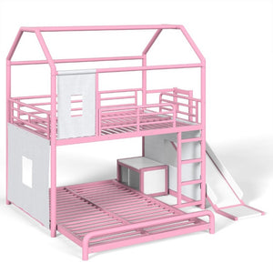 English Elm Full Over Playhouse Metal Bunk Bed with Slide LED Strip and Movable Storage Cabinet Pink W5305S00168