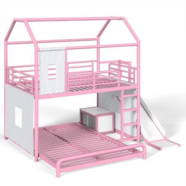 English Elm Full Over Playhouse Metal Bunk Bed with Slide LED Strip and Movable Storage Cabinet Pink W5305S00168