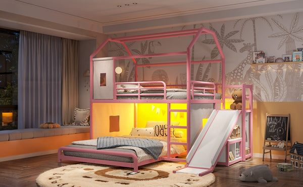 English Elm Full Over Playhouse Metal Bunk Bed with Slide LED Strip and Movable Storage Cabinet Pink W5305S00168