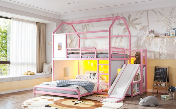 English Elm Full Over Playhouse Metal Bunk Bed with Slide LED Strip and Movable Storage Cabinet Pink W5305S00168