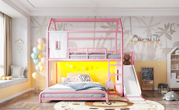 English Elm Full Over Playhouse Metal Bunk Bed with Slide LED Strip and Movable Storage Cabinet Pink W5305S00168