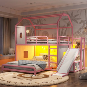 English Elm Full Over Playhouse Metal Bunk Bed with Slide LED Strip and Movable Storage Cabinet Pink W5305S00168