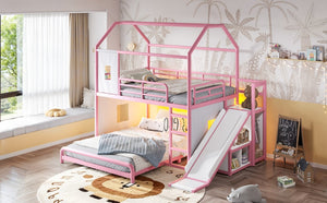 English Elm Full Over Playhouse Metal Bunk Bed with Slide LED Strip and Movable Storage Cabinet Pink W5305S00168