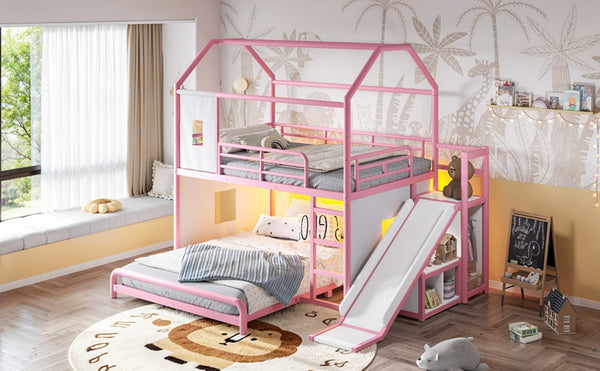 English Elm Full Over Playhouse Metal Bunk Bed with Slide LED Strip and Movable Storage Cabinet Pink W5305S00168