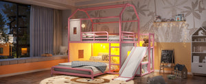 English Elm Full Over Playhouse Metal Bunk Bed with Slide LED Strip and Movable Storage Cabinet Pink W5305S00168