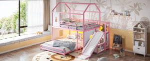 English Elm Full Over Playhouse Metal Bunk Bed with Slide LED Strip and Movable Storage Cabinet Pink W5305S00168