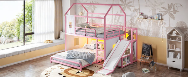 English Elm Full Over Playhouse Metal Bunk Bed with Slide LED Strip and Movable Storage Cabinet Pink W5305S00168