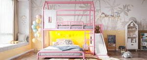 English Elm Full Over Playhouse Metal Bunk Bed with Slide LED Strip and Movable Storage Cabinet Pink W5305S00168