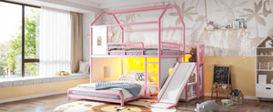 English Elm Full Over Playhouse Metal Bunk Bed with Slide LED Strip and Movable Storage Cabinet Pink W5305S00168