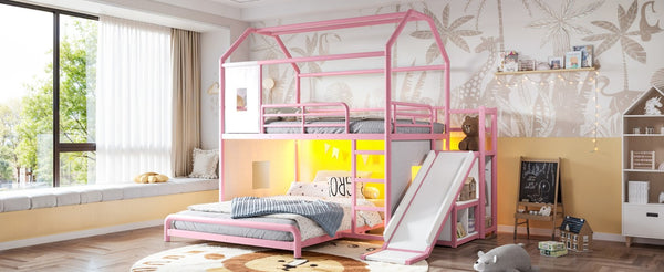 English Elm Full Over Playhouse Metal Bunk Bed with Slide LED Strip and Movable Storage Cabinet Pink W5305S00168