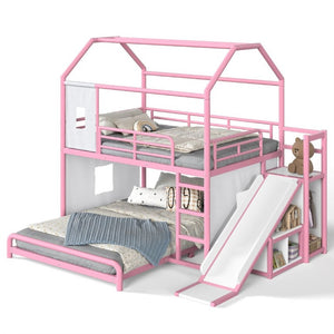 English Elm Full Over Playhouse Metal Bunk Bed with Slide LED Strip and Movable Storage Cabinet Pink W5305S00168