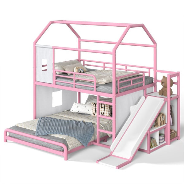 English Elm Full Over Playhouse Metal Bunk Bed with Slide LED Strip and Movable Storage Cabinet Pink W5305S00168