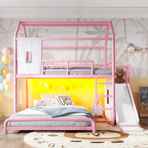 English Elm Full Over Playhouse Metal Bunk Bed with Slide LED Strip and Movable Storage Cabinet Pink W5305S00168