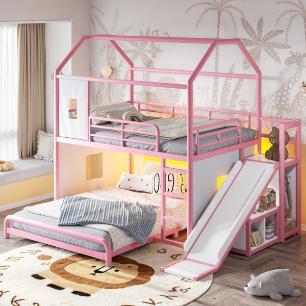 English Elm Full Over Playhouse Metal Bunk Bed with Slide LED Strip and Movable Storage Cabinet Pink W5305S00168