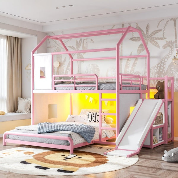 English Elm Full Over Playhouse Metal Bunk Bed with Slide LED Strip and Movable Storage Cabinet Pink W5305S00168
