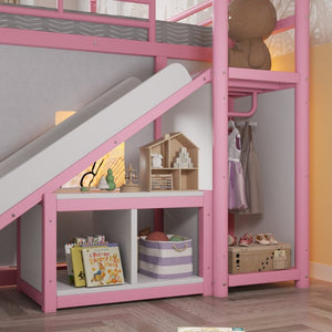English Elm Full Over Playhouse Metal Bunk Bed with Slide LED Strip and Movable Storage Cabinet Pink W5305S00168
