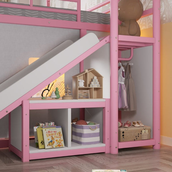 English Elm Full Over Playhouse Metal Bunk Bed with Slide LED Strip and Movable Storage Cabinet Pink W5305S00168
