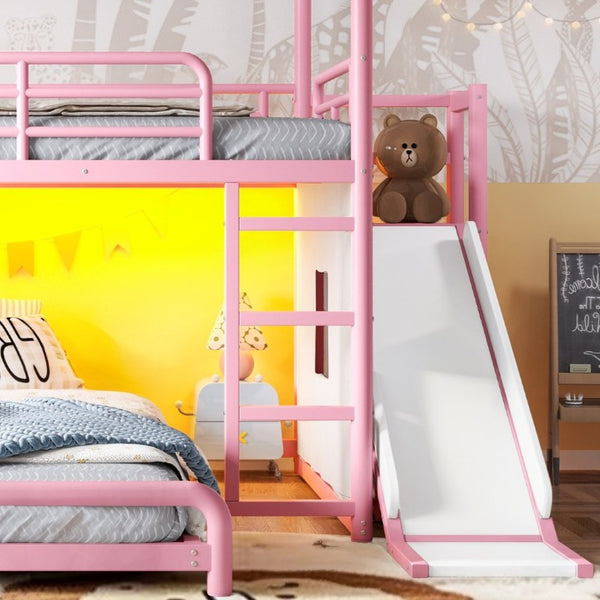 English Elm Full Over Playhouse Metal Bunk Bed with Slide LED Strip and Movable Storage Cabinet Pink W5305S00168
