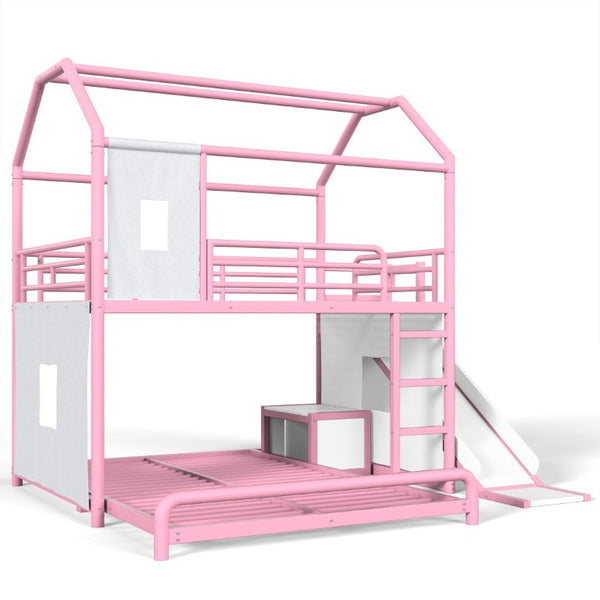English Elm Full Over Playhouse Metal Bunk Bed with Slide LED Strip and Movable Storage Cabinet Pink W5305S00168