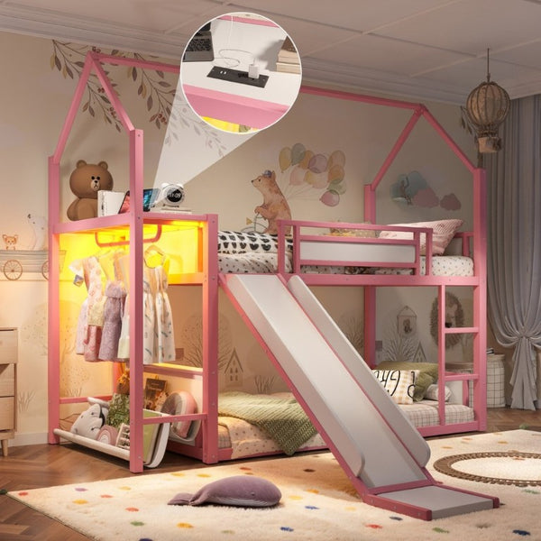 English Elm Twin Over Bunk Bed with Slide Playhouse Frame LED Storage and Built-In Power Outlet Pink W5305S00169