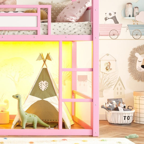 English Elm Twin Over Bunk Bed with Slide Playhouse Frame LED Storage and Built-In Power Outlet Pink W5305S00169