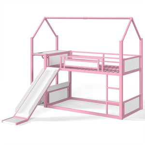 English Elm Twin Over Bunk Bed with Slide Playhouse Frame LED Storage and Built-In Power Outlet Pink W5305S00169