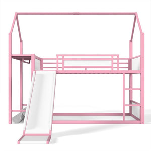 English Elm Twin Over Bunk Bed with Slide Playhouse Frame LED Storage and Built-In Power Outlet Pink W5305S00169