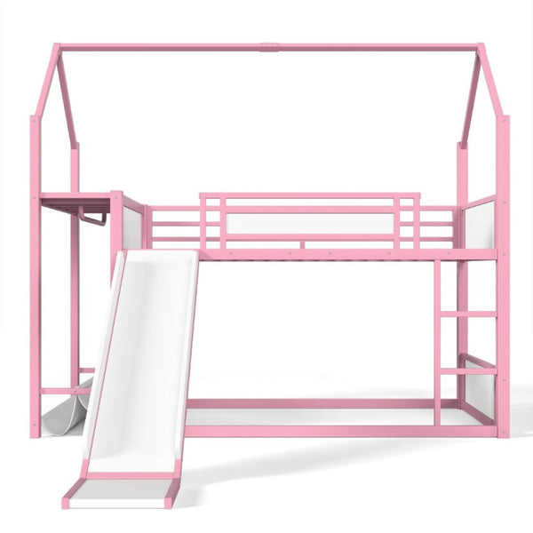 English Elm Twin Over Bunk Bed with Slide Playhouse Frame LED Storage and Built-In Power Outlet Pink W5305S00169