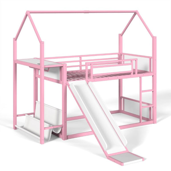 English Elm Twin Over Bunk Bed with Slide Playhouse Frame LED Storage and Built-In Power Outlet Pink W5305S00169