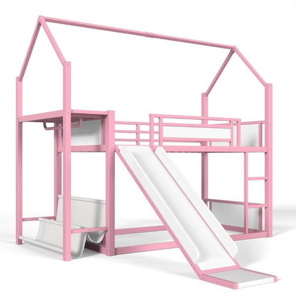English Elm Twin Over Bunk Bed with Slide Playhouse Frame LED Storage and Built-In Power Outlet Pink W5305S00169