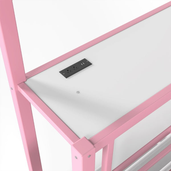 English Elm Twin Over Bunk Bed with Slide Playhouse Frame LED Storage and Built-In Power Outlet Pink W5305S00169