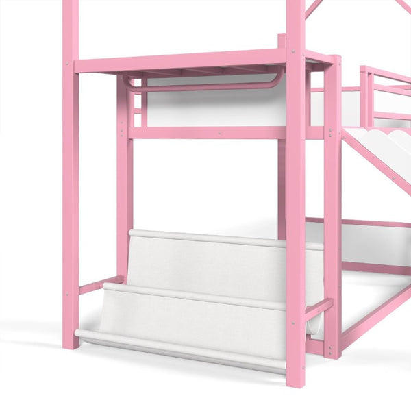 English Elm Twin Over Bunk Bed with Slide Playhouse Frame LED Storage and Built-In Power Outlet Pink W5305S00169