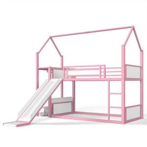 English Elm Twin Over Bunk Bed with Slide Playhouse Frame LED Storage and Built-In Power Outlet Pink W5305S00169