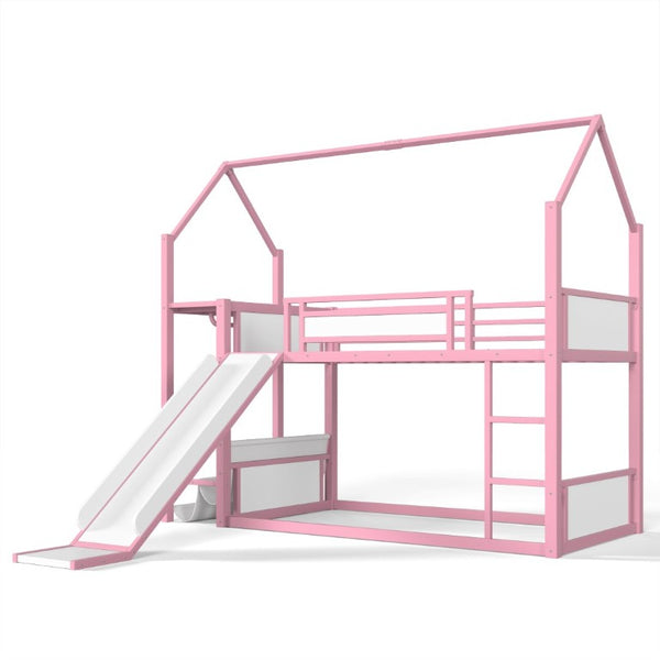 English Elm Twin Over Bunk Bed with Slide Playhouse Frame LED Storage and Built-In Power Outlet Pink W5305S00169