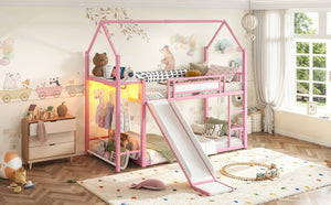 English Elm Twin Over Bunk Bed with Slide Playhouse Frame LED Storage and Built-In Power Outlet Pink W5305S00169