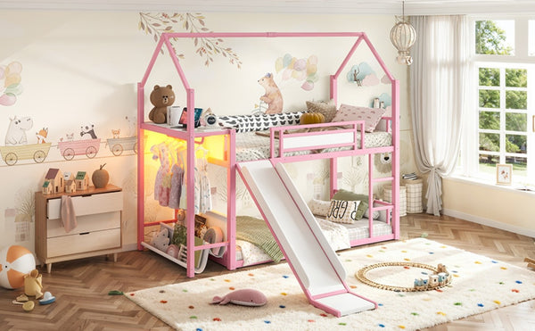 English Elm Twin Over Bunk Bed with Slide Playhouse Frame LED Storage and Built-In Power Outlet Pink W5305S00169