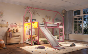English Elm Twin Over Bunk Bed with Slide Playhouse Frame LED Storage and Built-In Power Outlet Pink W5305S00169